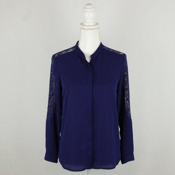 The Kooples Women's Extra Small Blue Lace Insert Long Sleeve Button Up Shirt - Picture 2 of 8